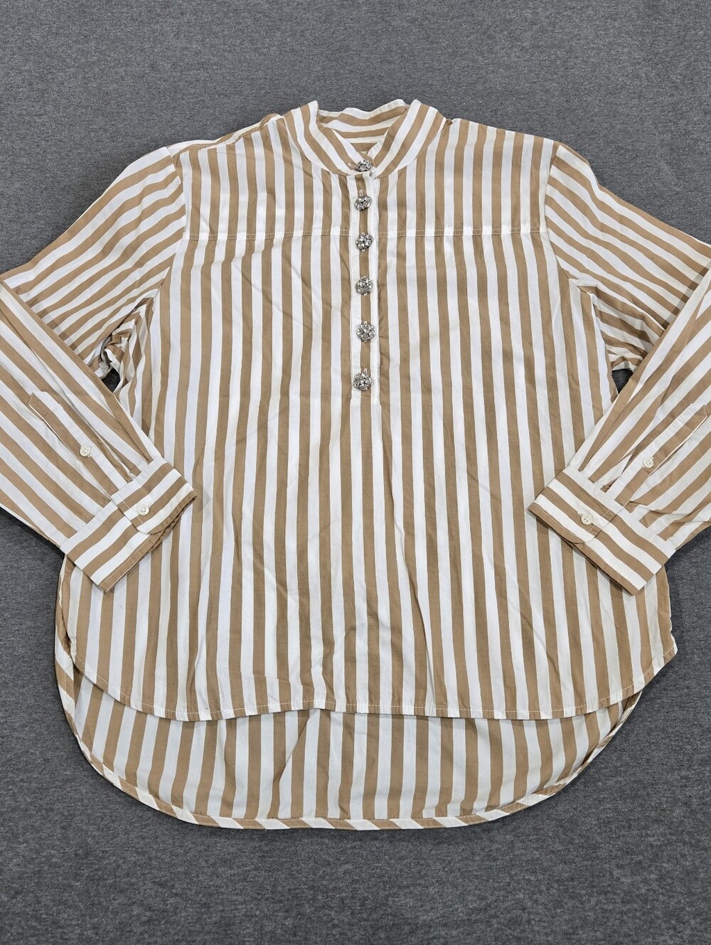 J. Crew Cotton Poplin Popover Tunic Womens Size 12 Striped Jeweled Buttons AJ441